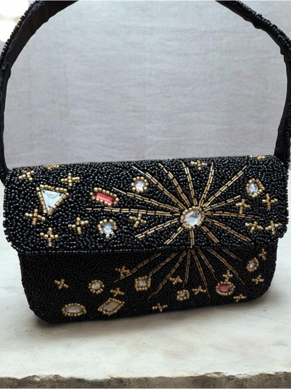 Embellished Black Beaded Evening Shoulder Bag with Gold Accents